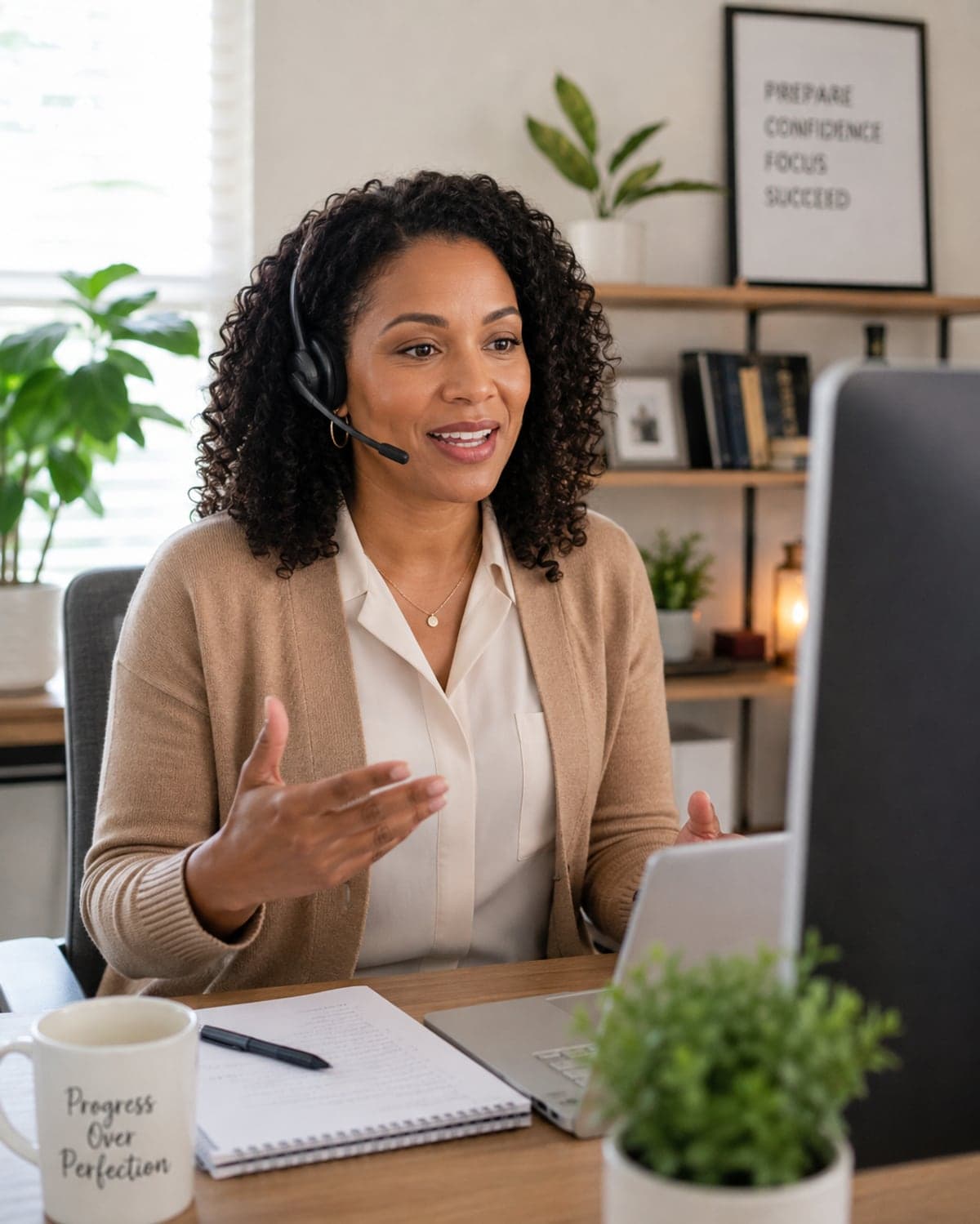 A candidate in a headset practicing an interview answer out loud at her desk, notebook open