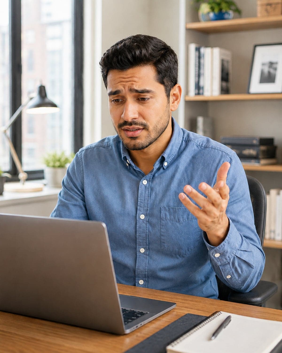 A candidate at his laptop, mid-answer, brow furrowed — the answer isn't coming out the way it did in his head